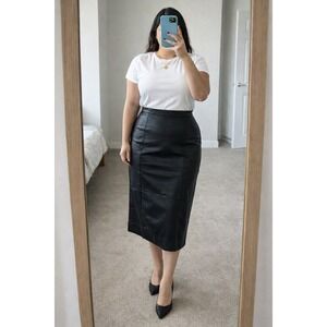 Casual Corner Vintage Black Leather Midi Pencil Skirt High Waisted Size 12